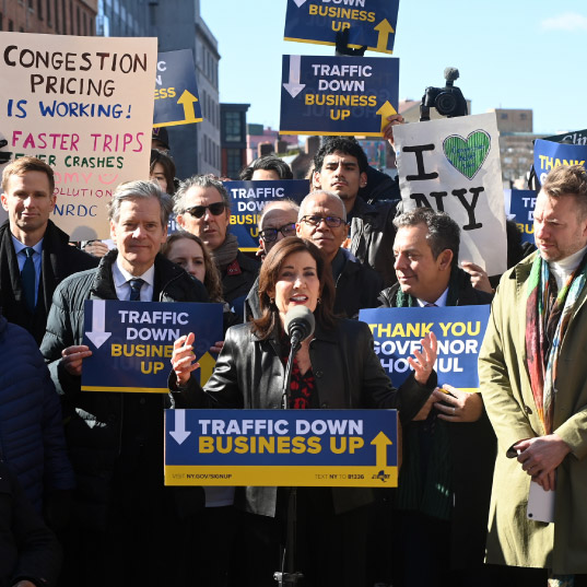 New York Governor Kathy Hochul speaks at a press conference on congestion pricing